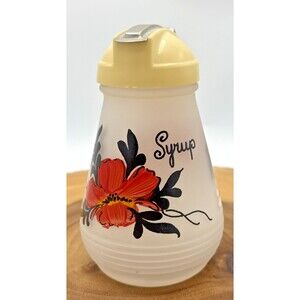 Vintage Hazel Atlas Frosted Handpainted Floral Glass Waffle Syrup Pitcher 1960's